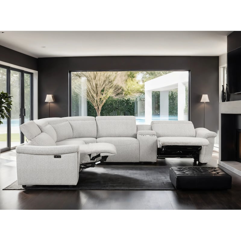 Furniture of America Loungi Modern Light Grey Chenille Power Recliner Sectional with Console and USB Ports