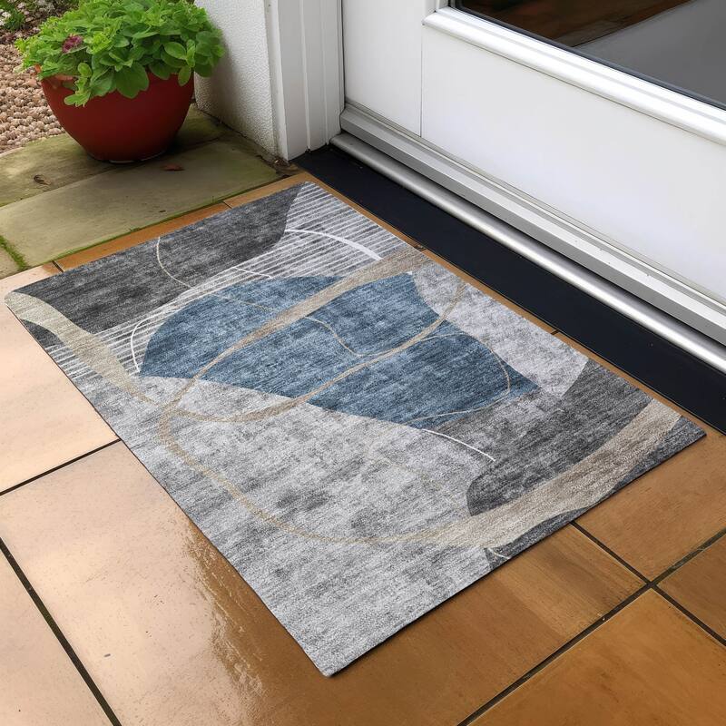 Machine Washable Indoor/ Outdoor Chantille Contemporary Abstract Rug - Blue - 1'8" x 2'6"