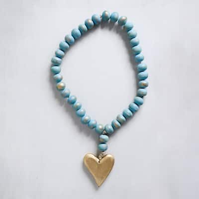 Mango Wood Bead Strand with Gold Heart Pendant - 22.0"L x 1.0"W x 1.0"H