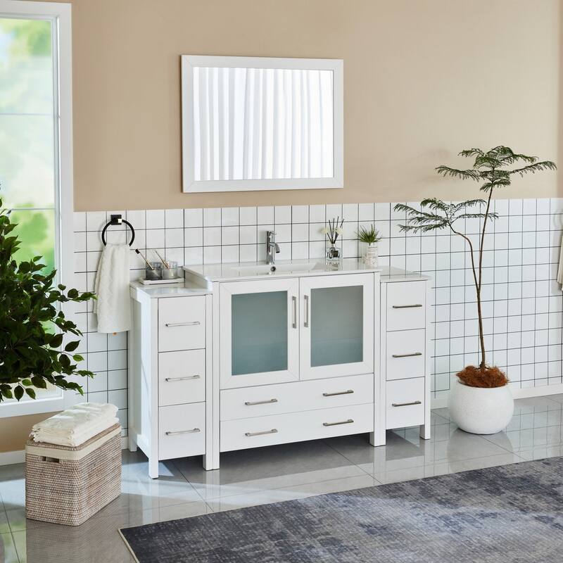 Vanity Art 60-Inch Single Sink Bathroom Vanity Set 8 Dove-Tailed Drawers 3 Cabinets 1 Shelf Soft-Closing Doors with Free Mirror