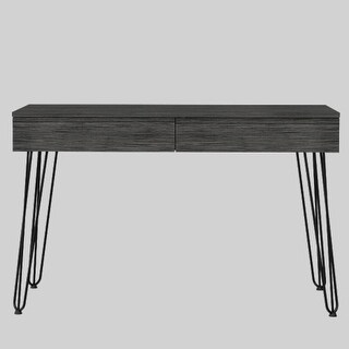 Contemporary Writing Desk with Dual Storage Drawers, Long Metal Legs, and Compact Design