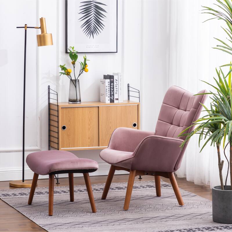 Leisure Chair Ottoman Set Office Chair, Mauve Stylish Velvet Upholstered Reception Chair Vanity Chair with Wooden Frame