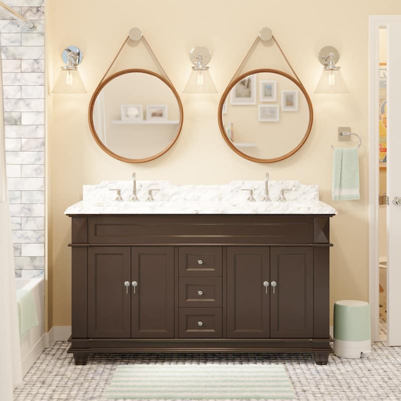 KitchenBathCollection Elizabeth 60" Double Bathroom Vanity with Carrara Marble Top - Chocolate