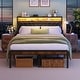 preview thumbnail 1 of 8, Queen Bed Frame with Tilted Headboard, LED Lights, Charging Station & Storage, Black + Brown Black + Brown