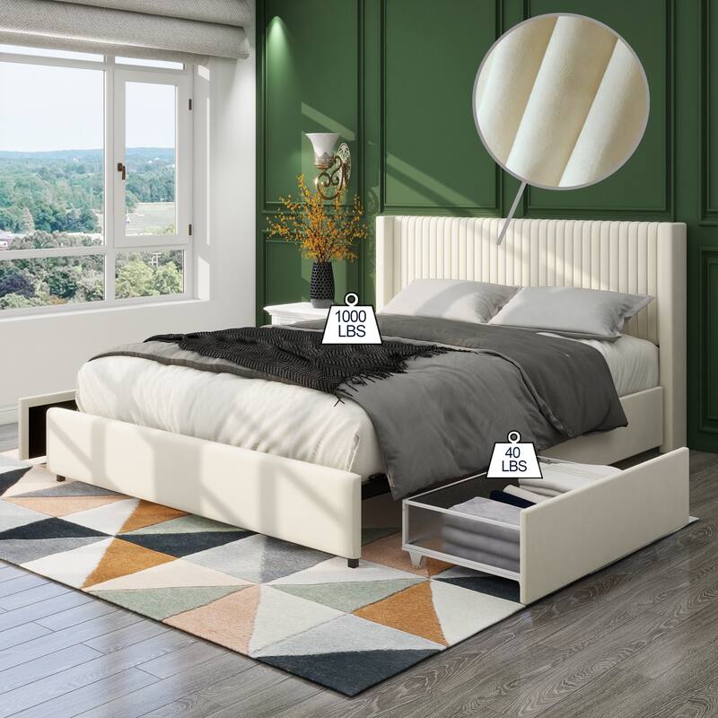 Queen Size Velvet Upholstered Platform Bed with 2-Drawer Storage and Wingback Headboard