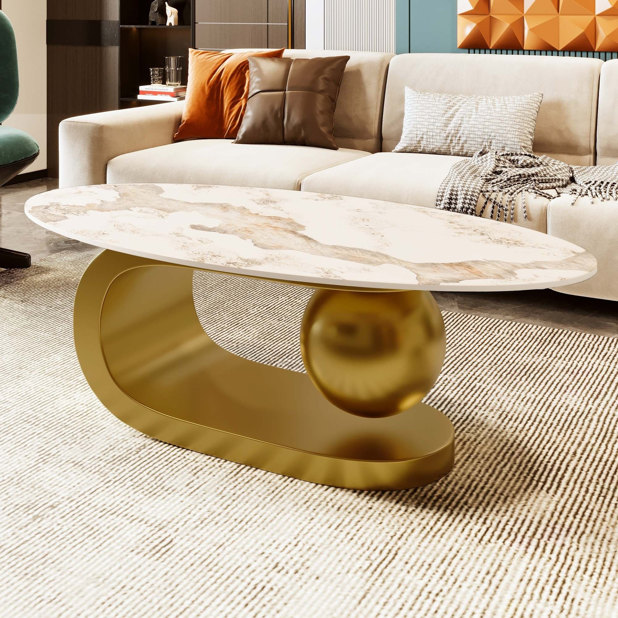 Unique Design Oval Marble Top Coffee Table With Gold colored metal base 47.20 L x 23.60 W x 15.70 H Bed Bath Beyond 42171266