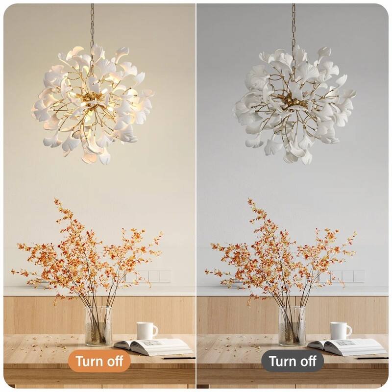 KAYLA Sputnik Chandelier - 23.6" Modern Gold Tree Branch Chandelier with Ceramic Ginkgo Leaves