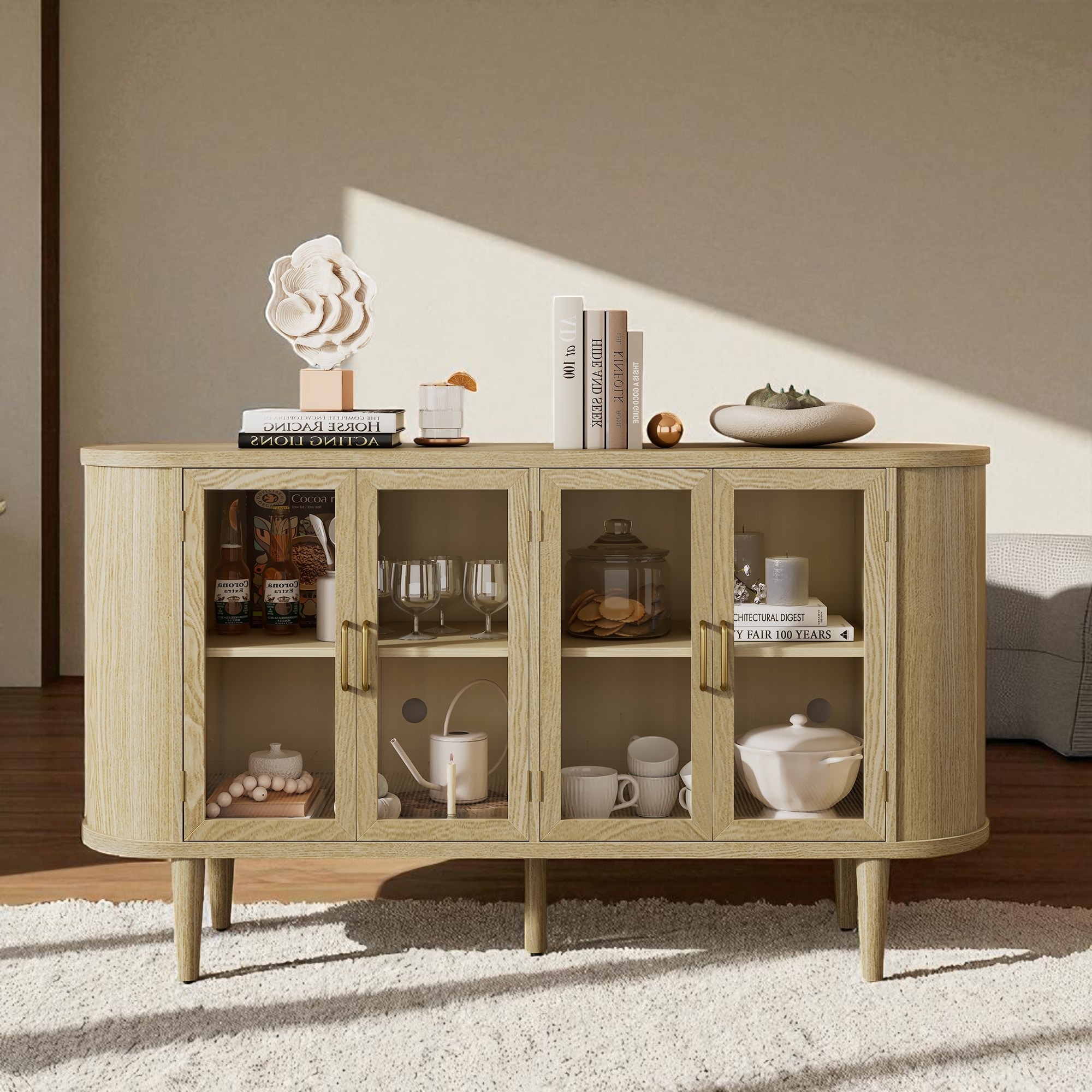 60" Farmhouse Sideboard Buffet Cabinet with Glass Doors, Adjustable Shelves, Solid Wood Frame for Kitchen, Dining Room