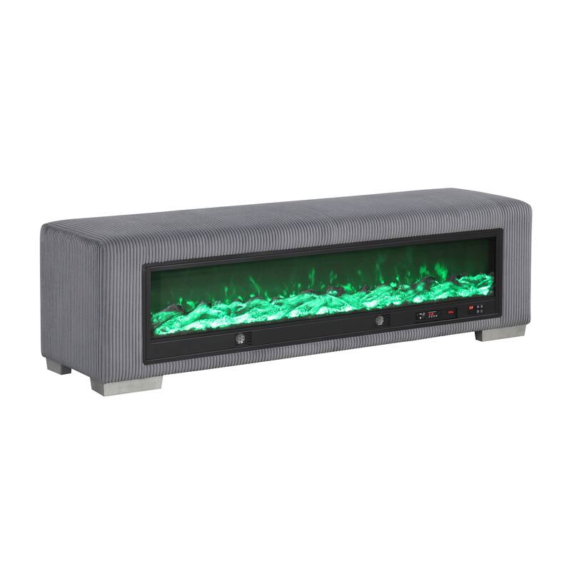 Furniture of America Goffney Chenille Bench with Fireplace Simulator and Bluetooth Audio