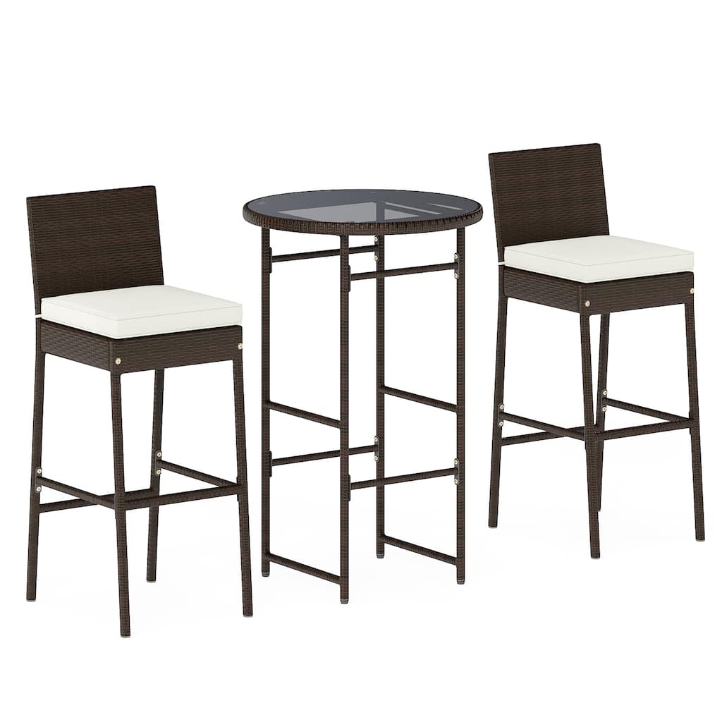 3-Piece PE Rattan Outdoor Patio Bar Set with Cushioned Included and Tempered Glass Table - 19.5" x 16" x 42.5"