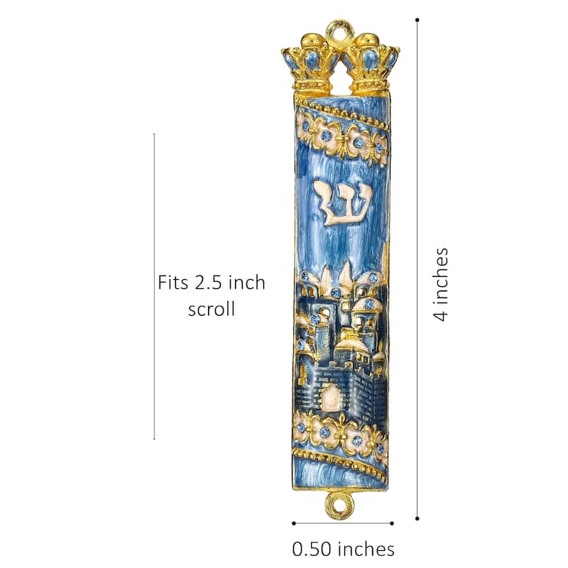 Matashi Hand Painted Blue Enamel Mezuzah with Jerusalem City Design with Gold Accents and High Quality Crystals