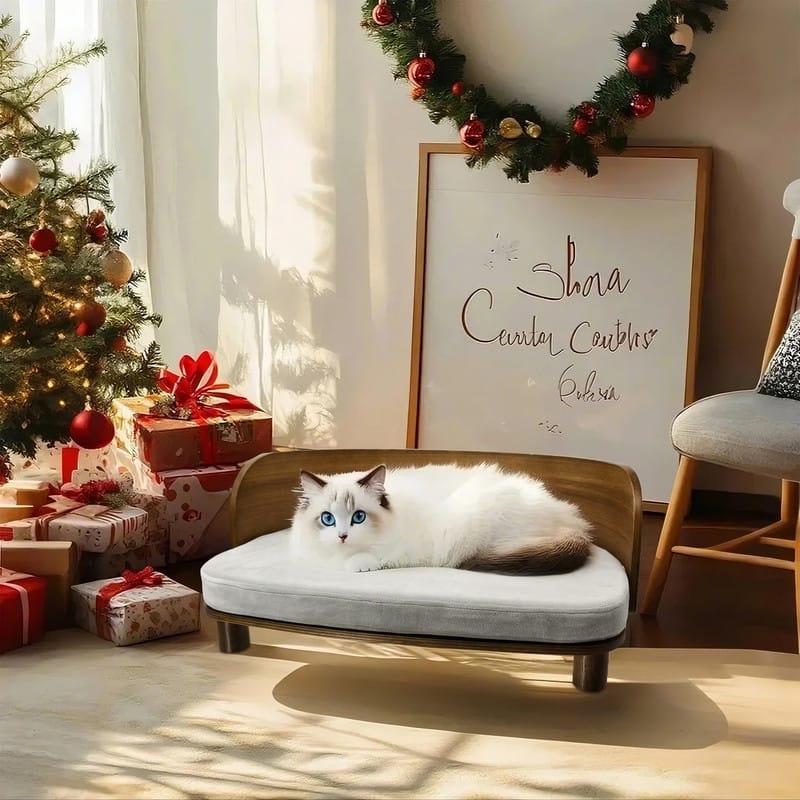 Elevated Dog Bed Curved Wood with Waterproof Soft Cozy Cushion Stool