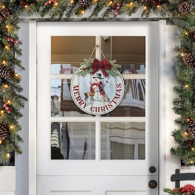 Glitzhome 15"D Wooden Merry Christmas Round Snowman Wall Sign Door Hanger