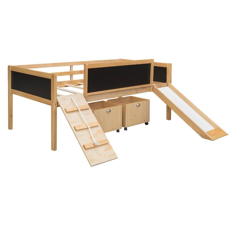 Twin Size Loft Bed with Two Storage Boxes, Climbing Frame, and Chalkboard