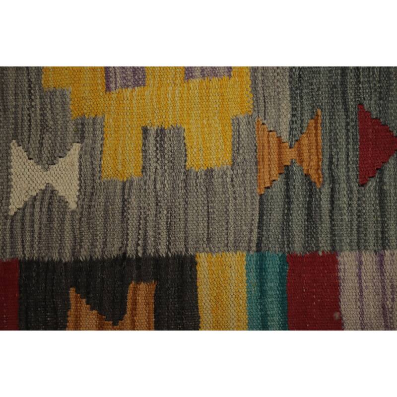Hand Woven Oriental 100% Wool Carpet Southwestern Tribal Greys & Charcoal Kilim Runner Rug - 9' 8'' X 2' 8''