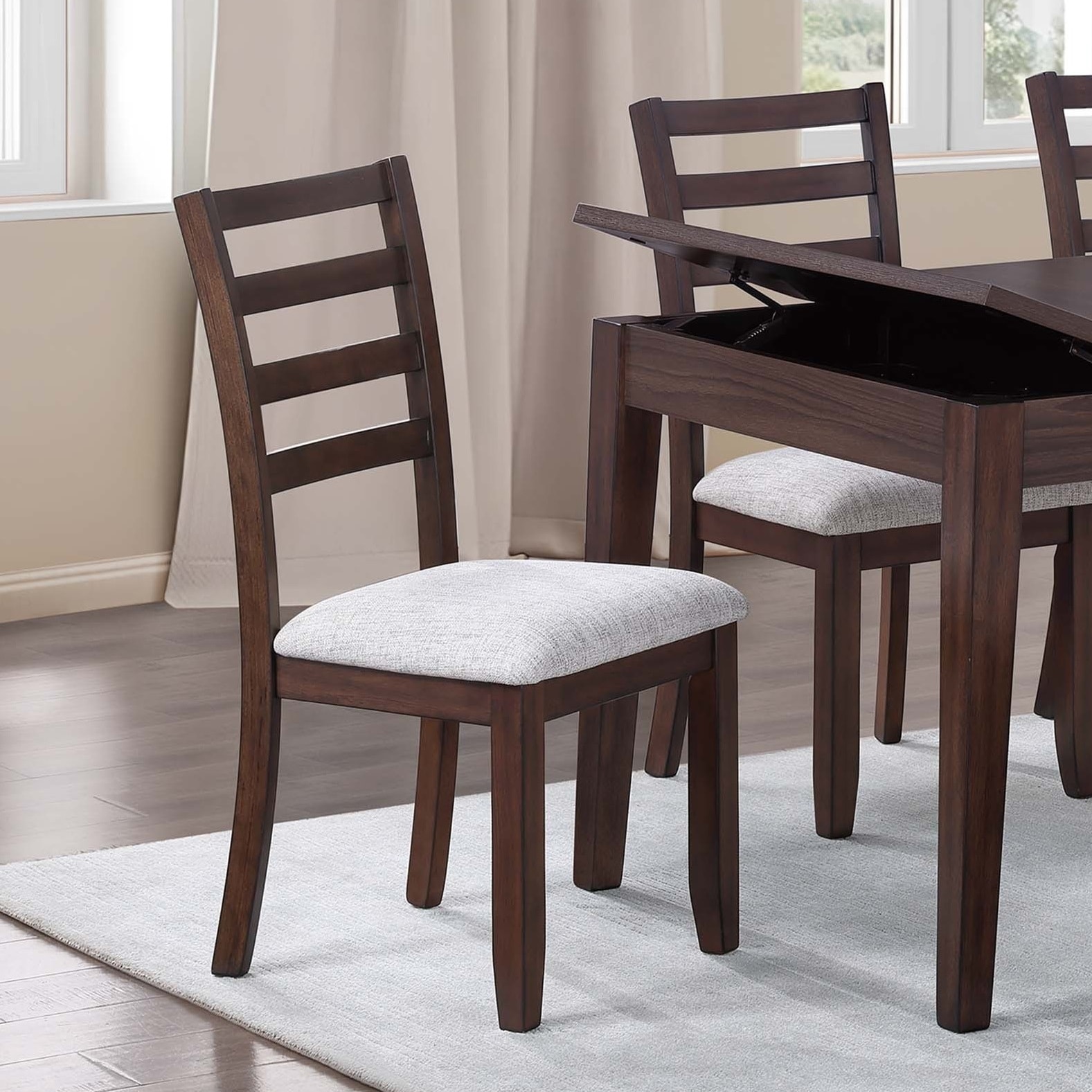 Ladder Back Design Walnut Color Set Of Two Dining Chairs Padded Seat Curved Back Legs Dining Room Side Chair