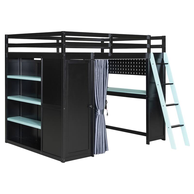 All-in-One Loft Bed Full Size Bedframe with Wardrobe, Shelves, Blackout Curtains, Pegboard, Charging Station and RGB Light Strip