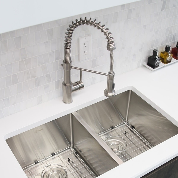 Single-Handle Pull-Down Sprayer Kitchen Faucet with Spring Design in Brushed Nickel. Opens flyout.