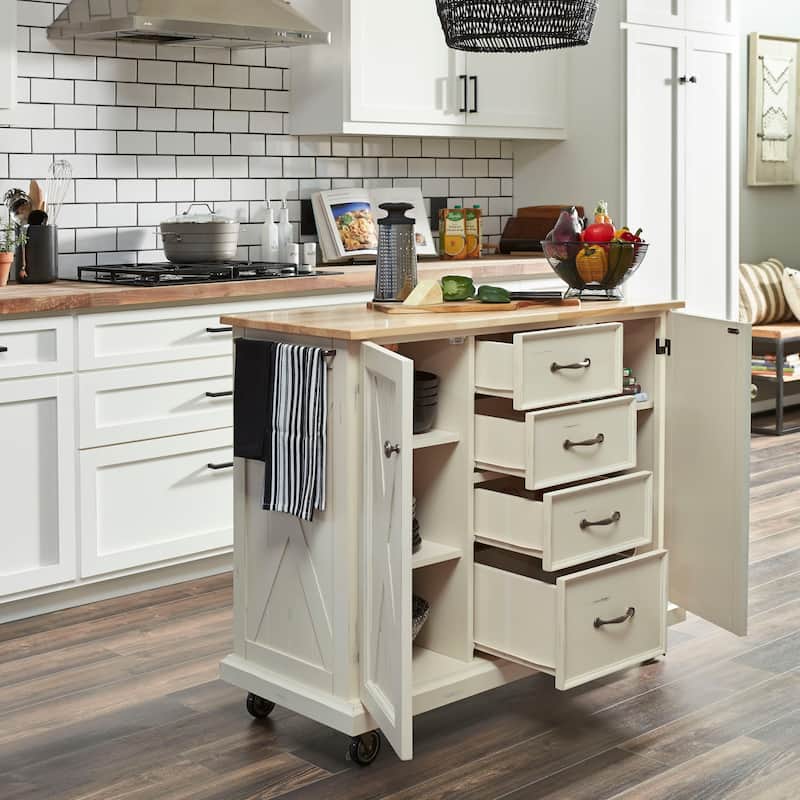 Seaside Lodge Off-White Wood Kitchen Cart - 45" x 36" x 16"