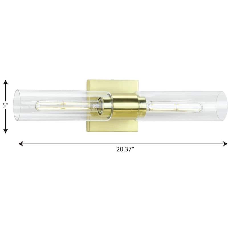 Clarion Collection Two-Light Satin Brass Clear and Glass Modern Style Bath Vanity Wall Light - 20.37 in x 4 in x 5 in