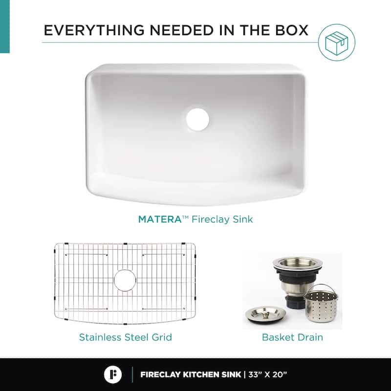 Premium White Fireclay Curved Apron Front Kitchen Sink for Home, Farmhouse (Grid & Strainer Included)