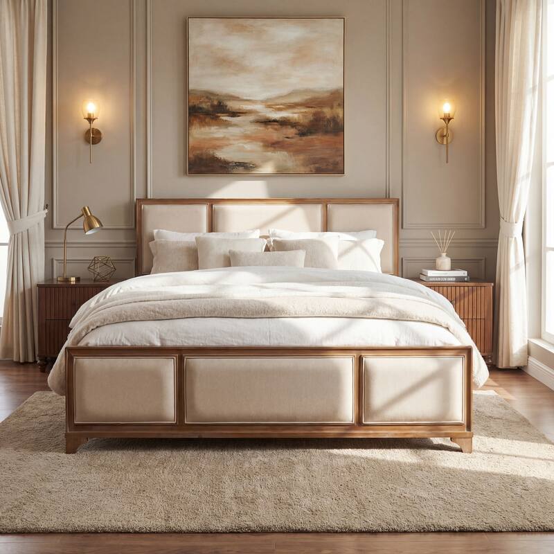 Christopher Knight Home - Hendrix Modern Farmhouse Upholstered Wood Platform Bed with Panel Headboard and Footboard - Light Brown - Queen