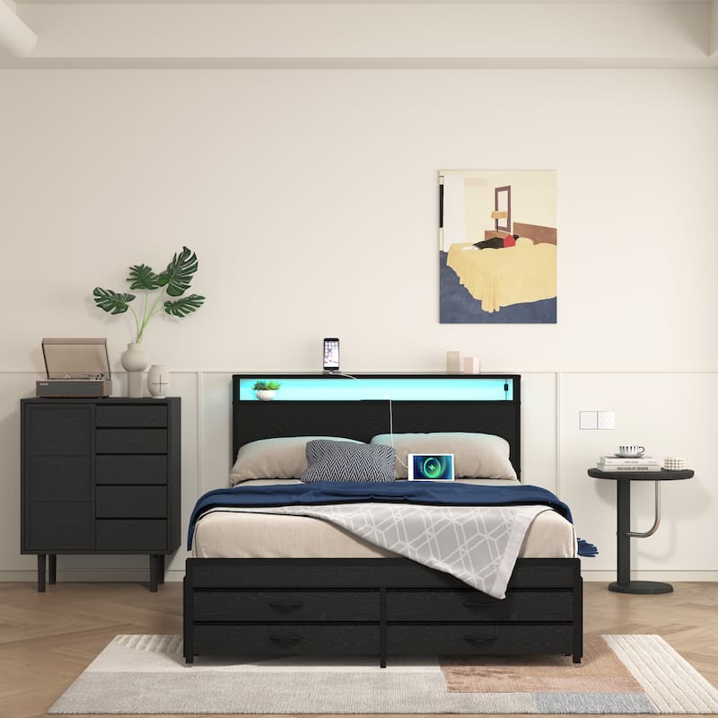 Black Platform Bed Metal Slat Support Frame with 8 Drawers, LED Headboard and Charging Station, No Box Spring Needed Storage Bed