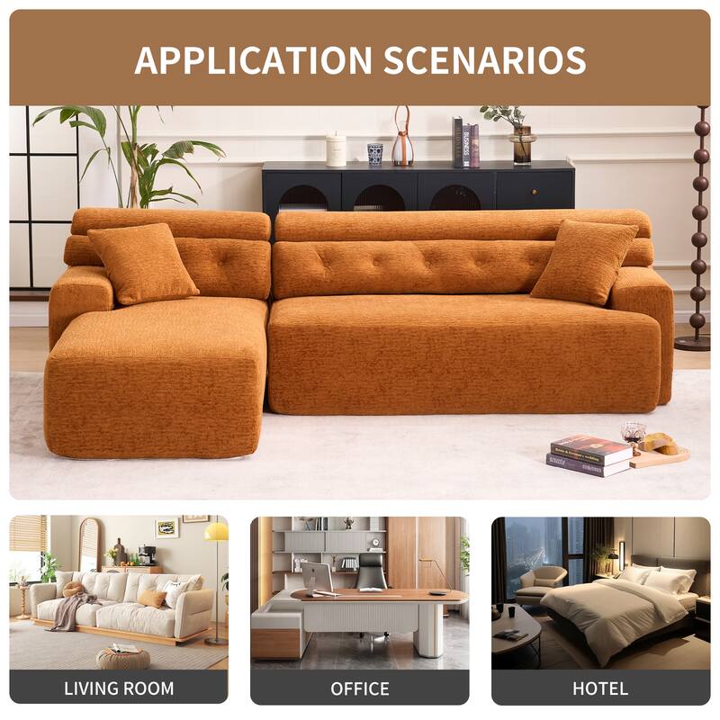 Combining Chaise Longue With 3-Seater, Wood Grain Chenille Fabric, Full Sponge Compression Sofa,Combined Sofa With 2 Pillows