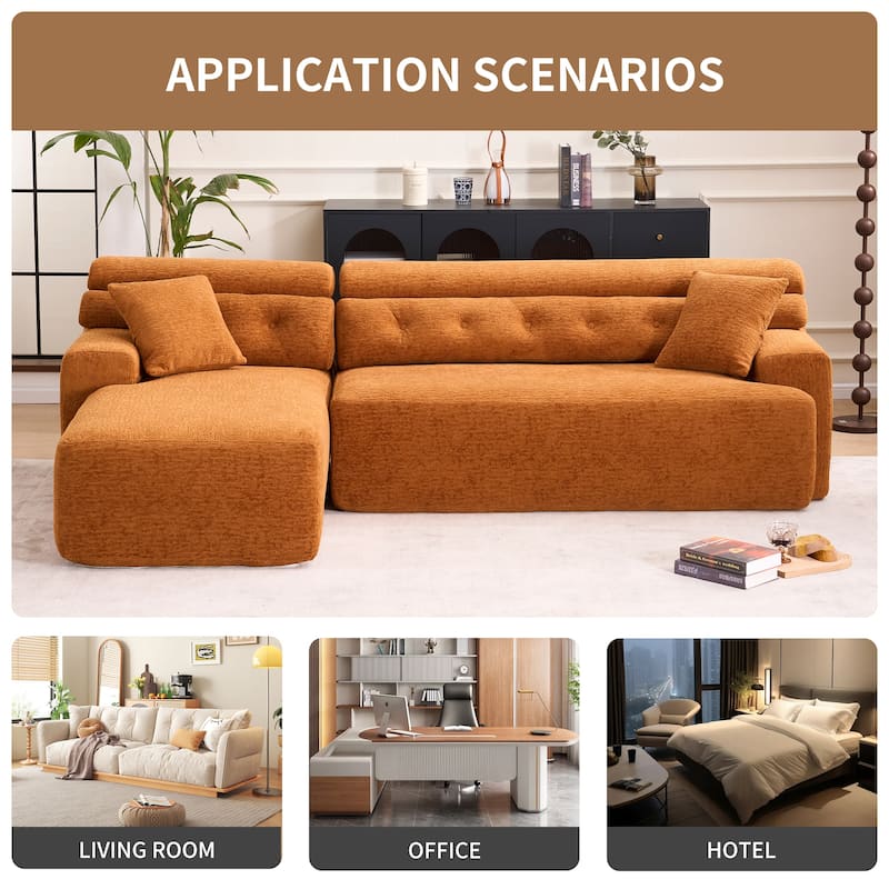 Set of 2 Single Chaise Lounge Convertible into L-shaped Sectional Sofa, Chenille Floor Couch Sleeper Sofa Bed with Pillows - Orange
