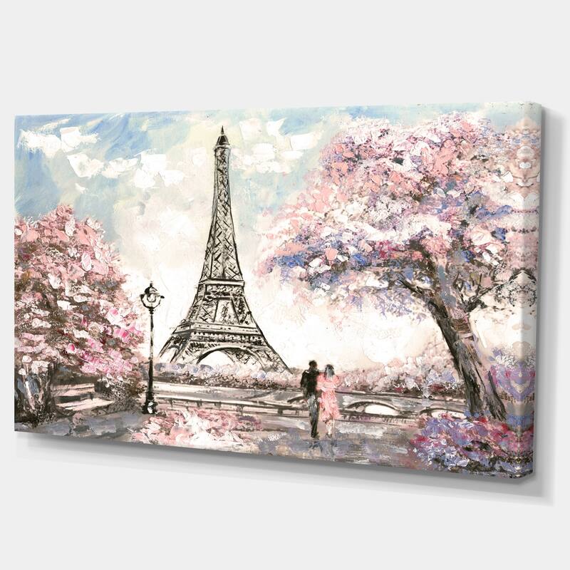 Designart Eiffel with Pink Flowers Landscape Canvas Art Print