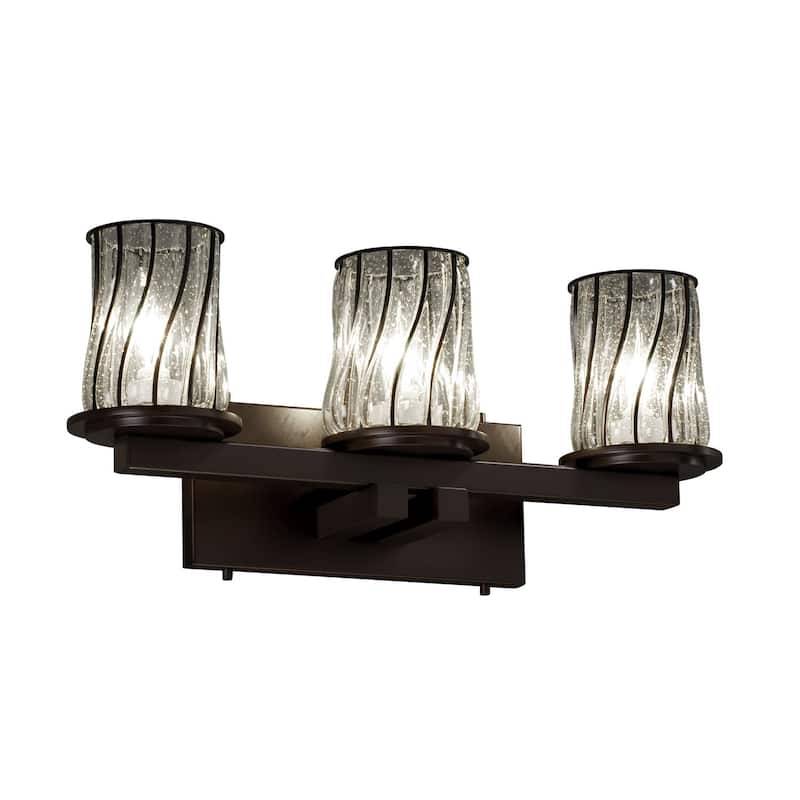 Justice Design Wire Glass Dakota 3-light Dark Bronze Bath Bar, Swirl with Clear Bubbles Cylinder - Flat Rim Shade
