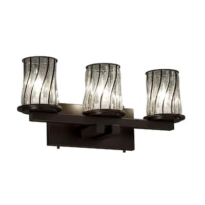 Justice Design Wire Glass Dakota 3-light Dark Bronze Bath Bar, Swirl with Clear Bubbles Cylinder - Flat Rim Shade