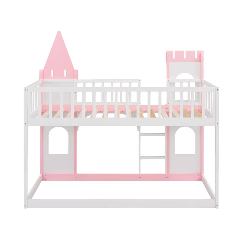 Twin Over Twin Castle Bunk Bed Wooden Support Equipped with Ladders