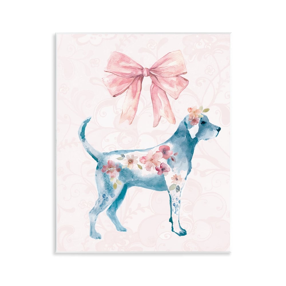 Stupell Floral Dog with Pink Ribbon Wall Plaque Art Design By Carol Robinson