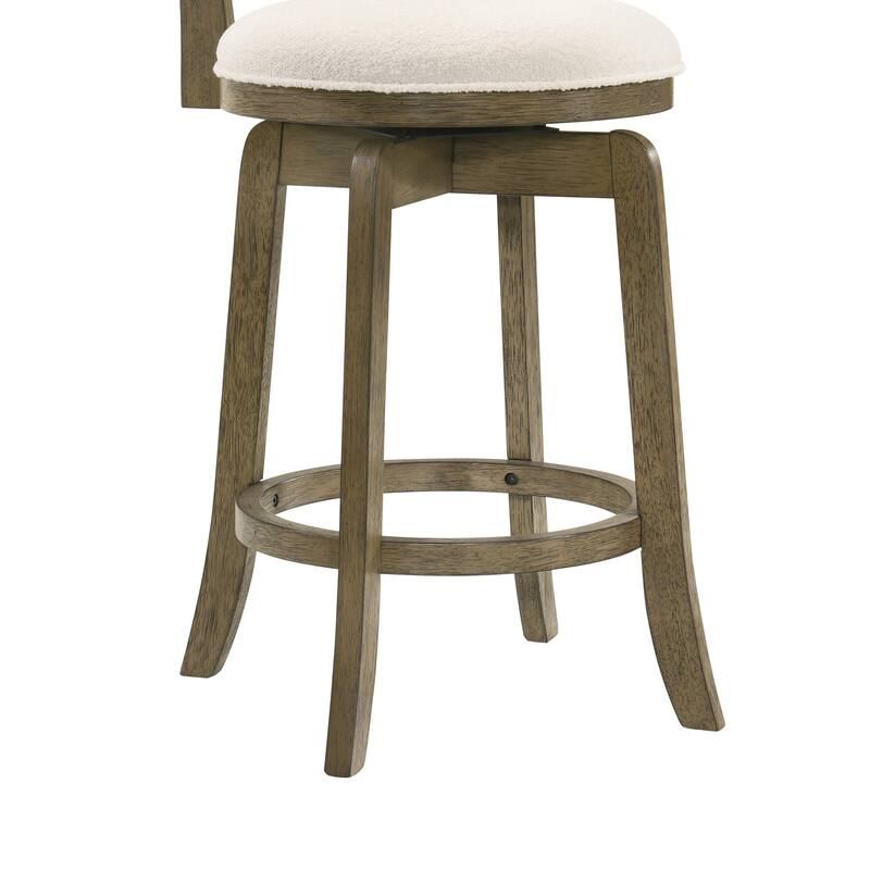 Melindra White Boucle Swivel Bar Stool, Upholstered Counter Stool with Solid Wood Legs