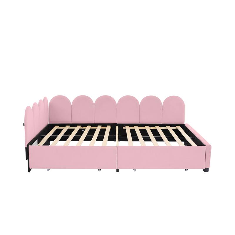 Velvet Upholstered Daybed with Two Drawers and Soft Headboard