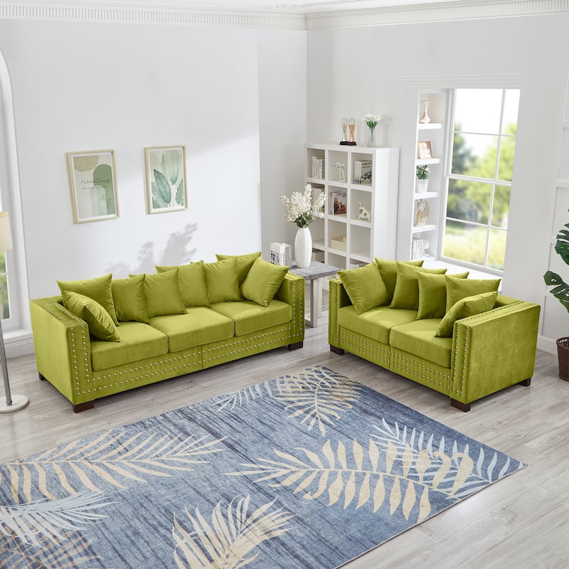 Velvet Upholstered Storage Sofa Set with Loveseat Sofa and 3 Seater Couch, Square Armrests with Silver Nails Decoration - Green