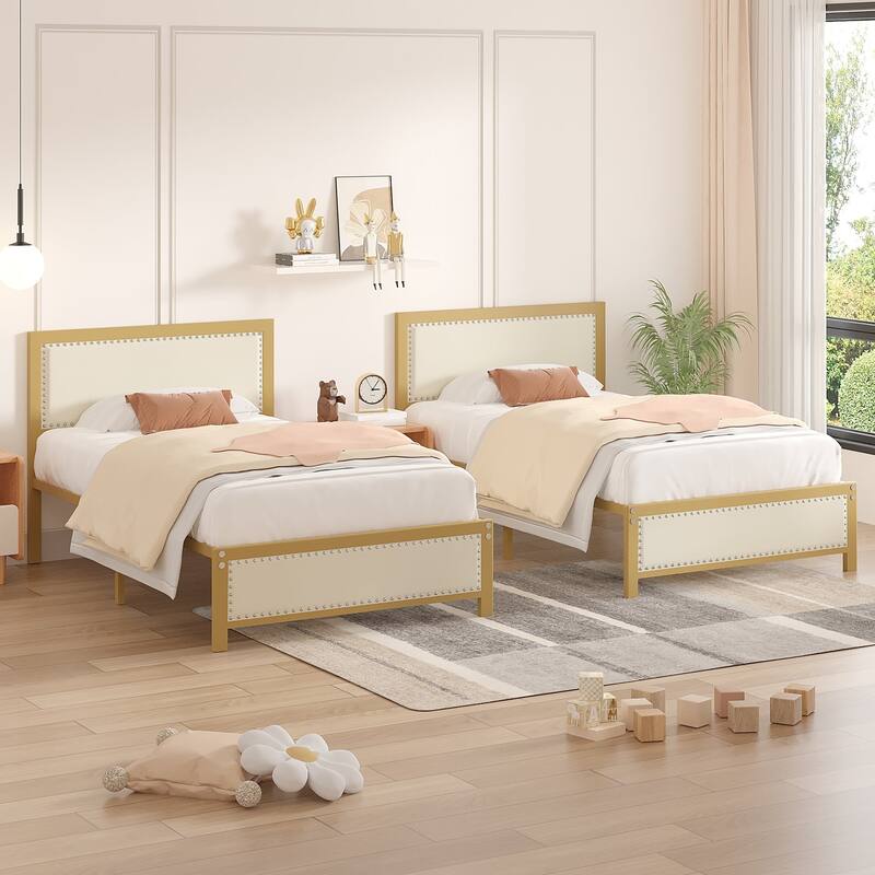 Metal Bed Frame with Linen Upholstered Nailhead Headboard, Platform Bed with 12.6" Under Bed Storage, No Box Spring Needed