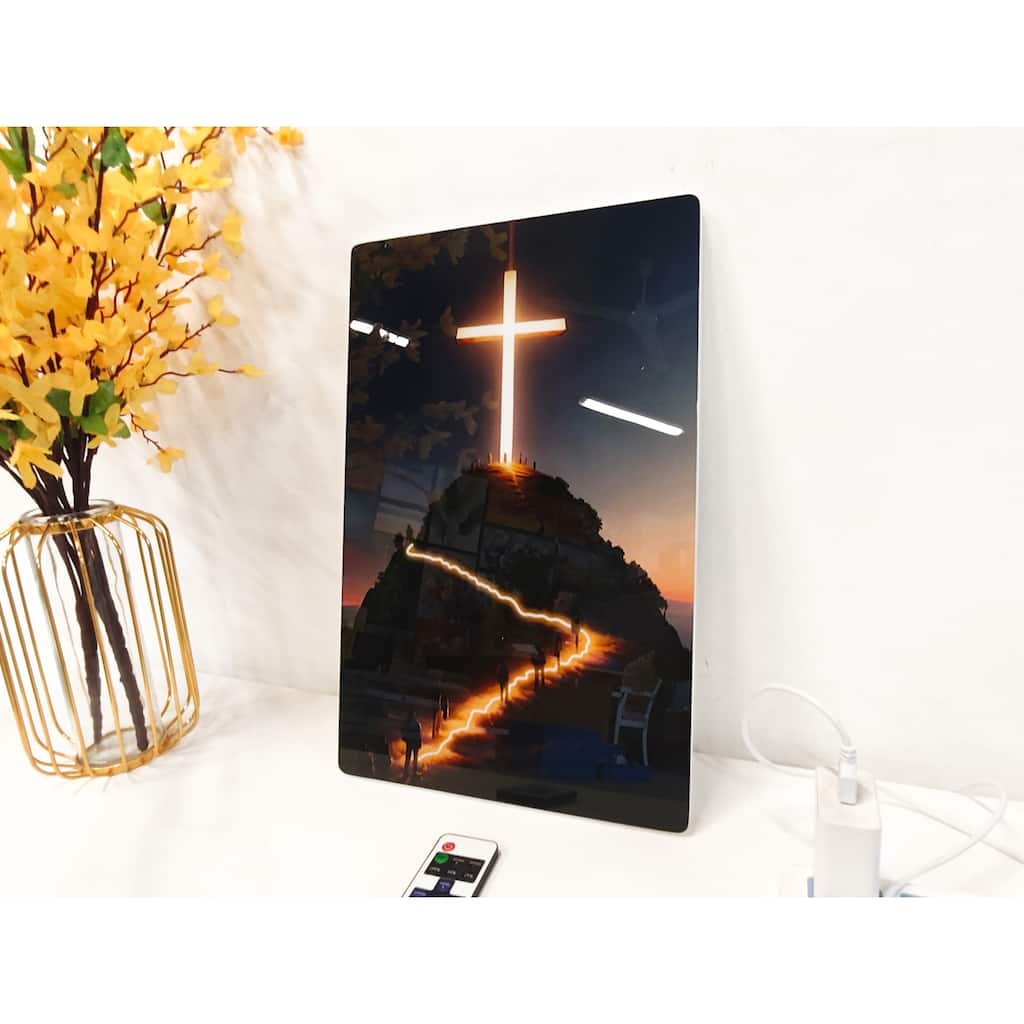 Christian Cross LED Wall Art - Acrylic UV Printed Light Up Religious Picture with Remote Control