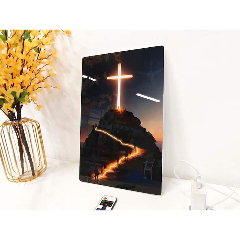 Christian Cross LED Wall Art - Acrylic UV Printed Light Up Religious Picture with Remote Control - 10 x 16