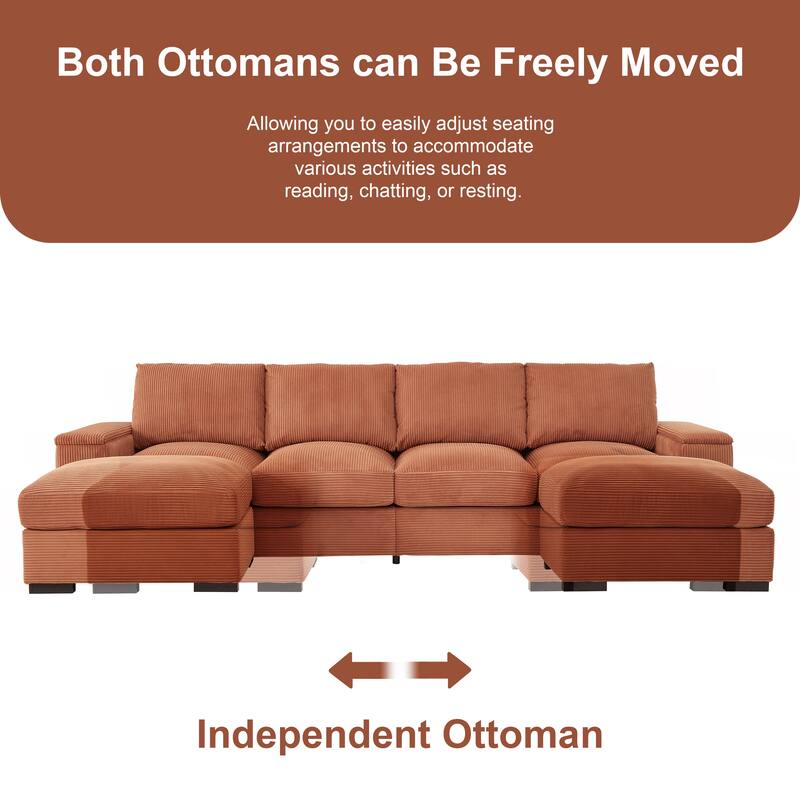 122" Corduroy U-Shaped Sleeper Sectional Sofa with Ottomans & Storage