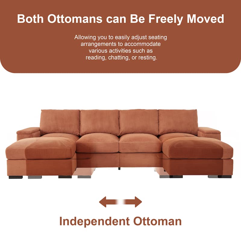 U-Shaped Sectional Sofa with 2 Movable Ottomans, Comfy Corduroy Upholstered 4 Seater Sofa, Lounge Sofa with Storage Armrests