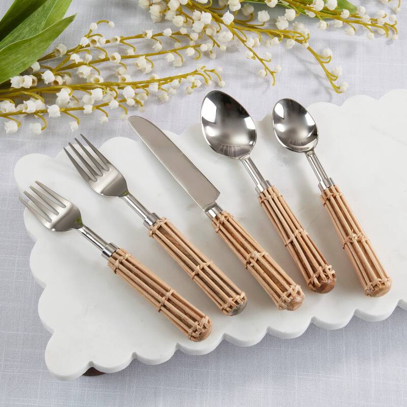Wicker Handle Flatware Set - Stainless Steel Dining Utensils for Everyday & Entertaining