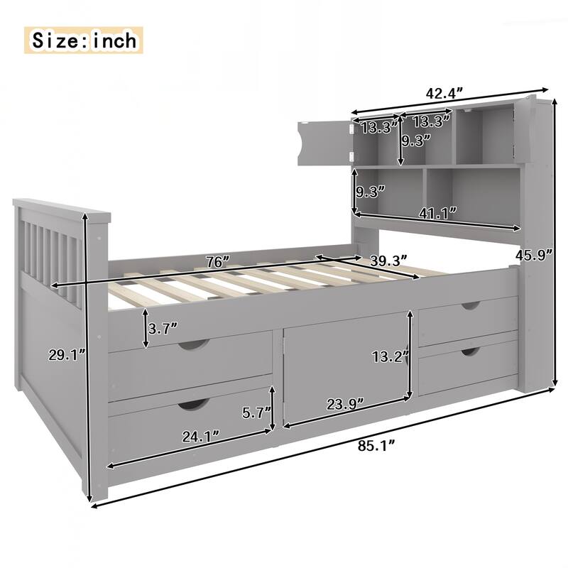 Twin Size Captain Platform Bed Frame with Storage Bookcases and Shelves
