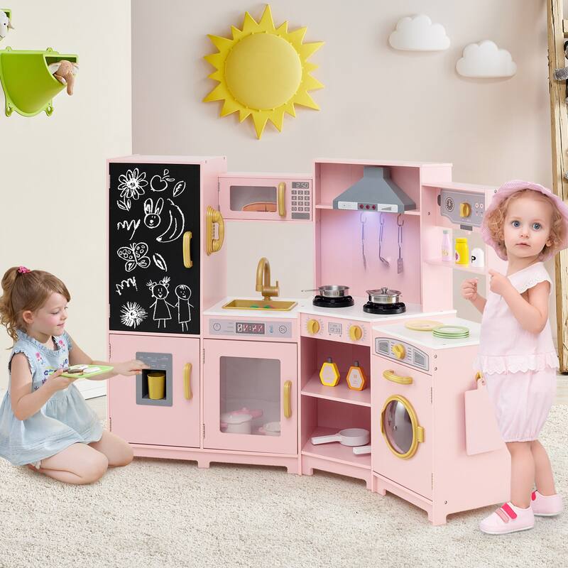 Gymax Corner Kids Play Kitchen Wooden Pretend Toy Kitchen w/ Realistic