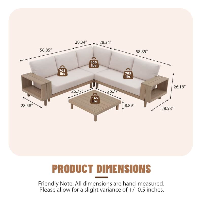Outdoor 4-Piece Conversation Set Solid Eucalyptus Wood L-Shaped Sectional Sofa with Coffee Table