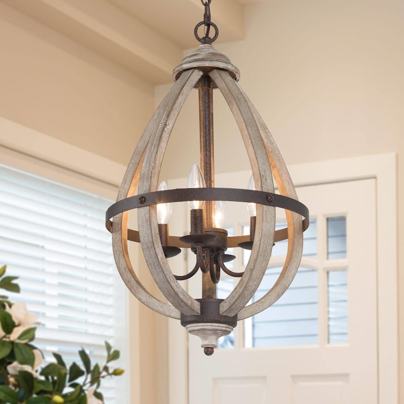 Clovy Farmhouse 4-Light Wood Lantern Chandelier for Kitchen Island Foyer Staircase