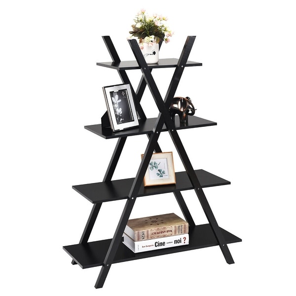 Costway 4-Tier Bookshelf Storage Display Shelves Bookcase Ladder X-Shape Brown/Black