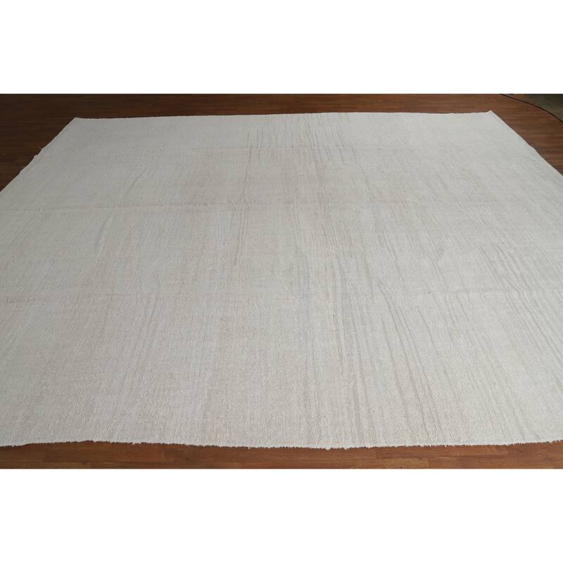 Hand Woven Oriental Cotton Carpet Modern Solid Beige & Ivories Kilim Area Rug - 11' 4'' X 9' 4''