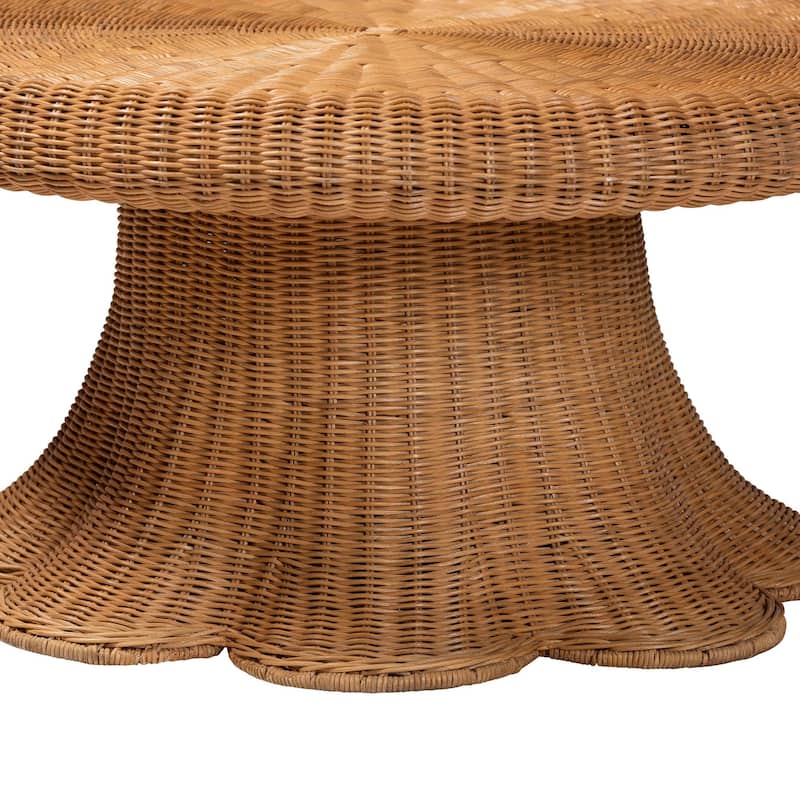 Avalon Natural Rattan Round Coffee Table with Scalloped Pedestal Base - Coastal Boho Wicker Accent Table